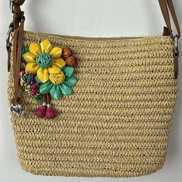 Brighton Leather Flower Appliqué Straw Crossbody Bag - Picture 2 of 10